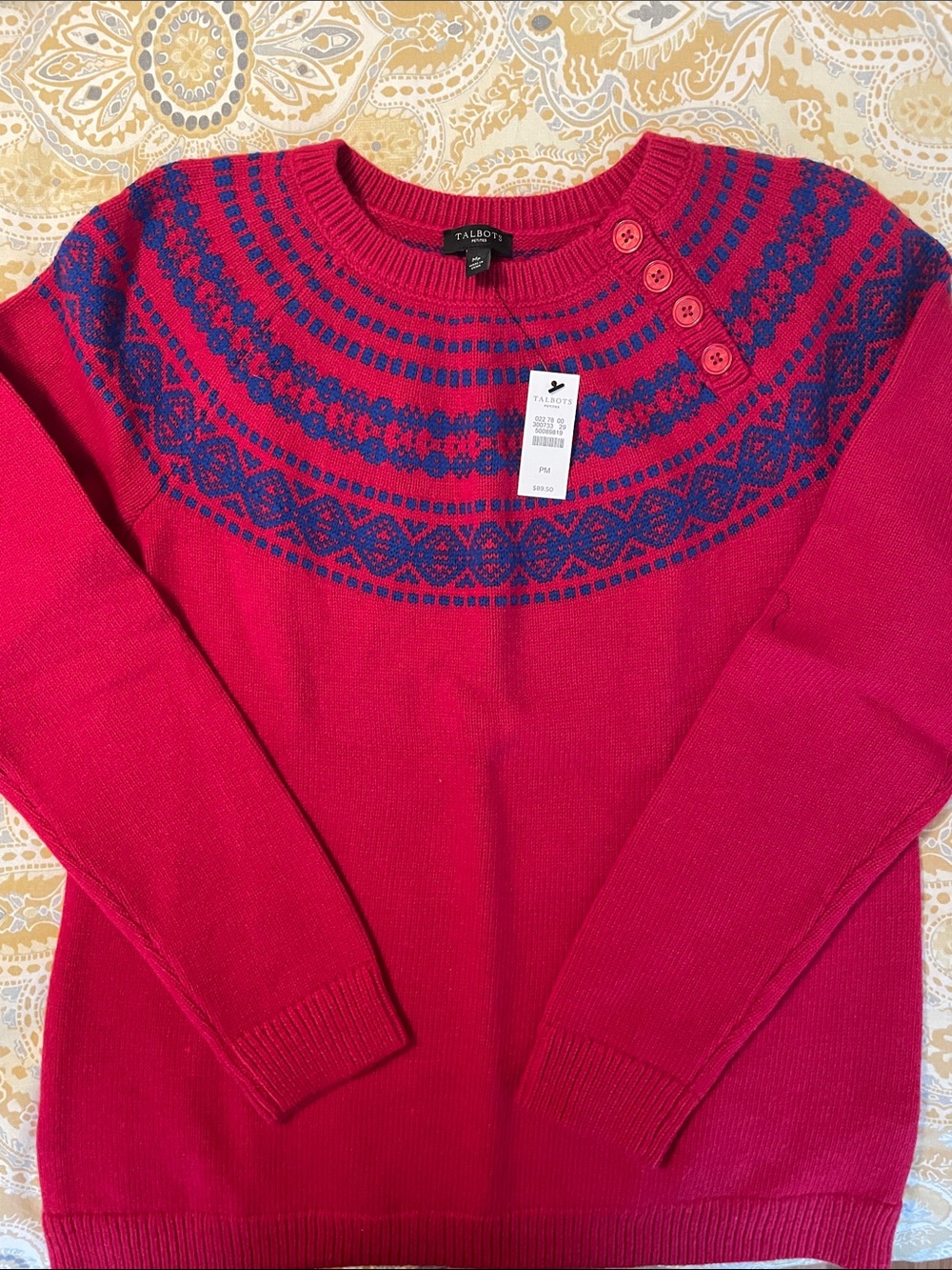 Talbots Red/Pink Crewneck Sweater with Navy Fair Isle Yoke and Button Shoulder